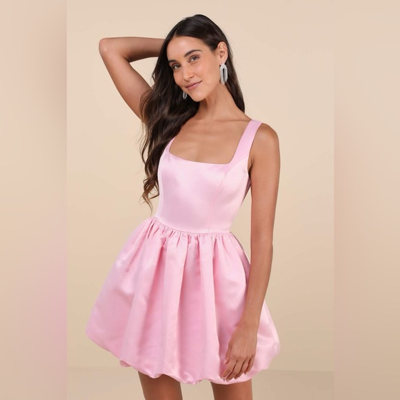 Lulus Regal Cutie Light Pink Satin Square Neck Bubble-Hem Mini Dress - Picture 3 of 8